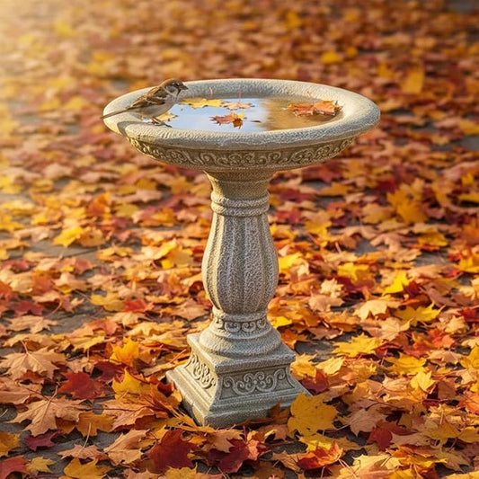 SunJet 23.8 Inch High Concrete Bird Bath with Carved Pedestal – Birdbath Sturdy & Elegant Design, Stone-Like Texture, Attracts Birds and Enhances Garden, Patio, Yard, Lawn Decor