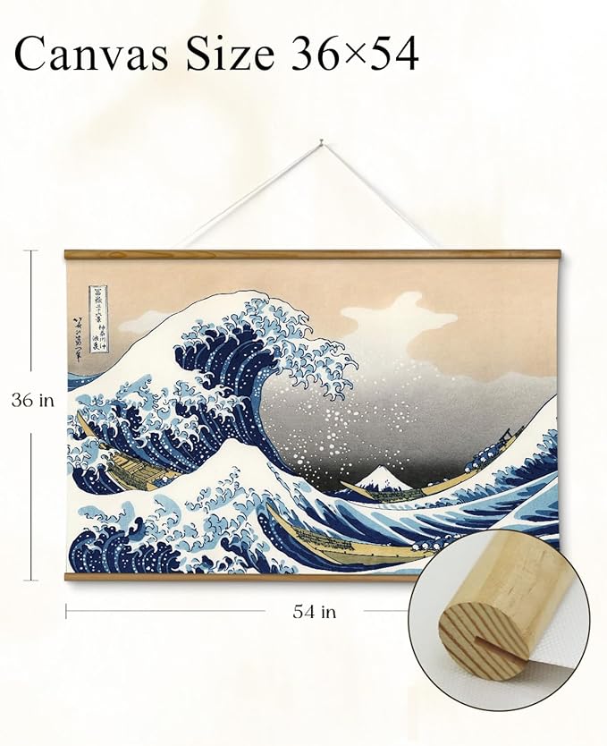 VIYYIEA Extra Large Size Canvas Wall Art, 36x54 The Great Wave off Kanagawa Scroll Hanging Japanese Print, Famous Artwork for Living Room, Bedroom, or Office