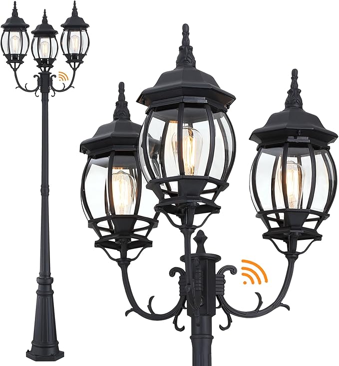 94 Inch Dusk To Dawn 3-Light Lamp Post For Backyard Garden Driveway Outdoor Street Light 94” Three-Head Post Light With Dusk To Dawn Sensor Outside Pole Lights,Aluminium Alloy,Clear Glass Shade,E26
