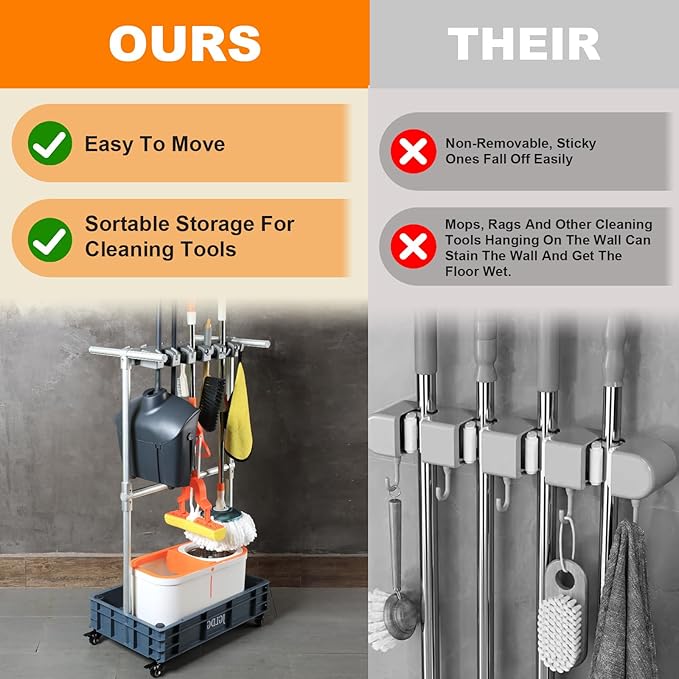 Mobile Mop and Broom Holder，Efficient Storage Solution for Cleaning Tools Keep Your Tools Handy and Organized