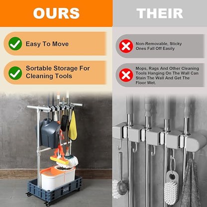 Mobile Mop and Broom Holder，Efficient Storage Solution for Cleaning Tools Keep Your Tools Handy and Organized