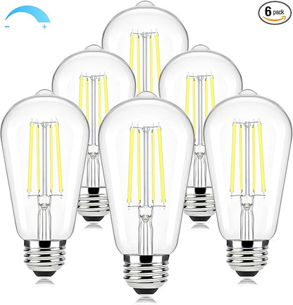 Brightever E26 LED Bulb 60 Watt Equivalent, 5000K Daylight White Dimmable Light Bulbs, 7W, 850LM Vintage Lights Bulb, 90+CRI, ST58 Clear Glass Antique Decor Filament Edison Bulb for Room, 6-Pack