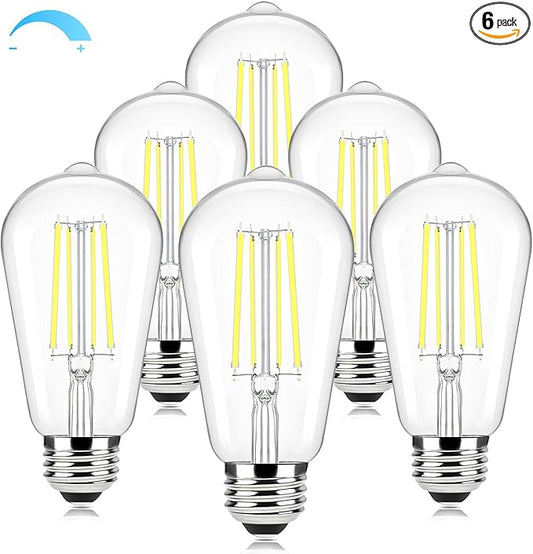 Brightever E26 LED Bulb 60 Watt Equivalent, 5000K Daylight White Dimmable Light Bulbs, 7W, 850LM Vintage Lights Bulb, 90+CRI, ST58 Clear Glass Antique Decor Filament Edison Bulb for Room, 6-Pack