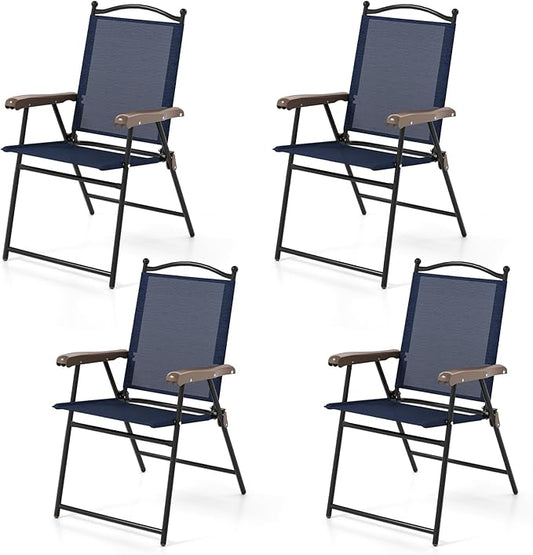 Tangkula Set of 4 Patio Folding Dining Chairs, Outdoor Sling Lawn Chairs with Armrests, Steel Frame, Portable Camping Lounge Chairs for Backyard, Deck, Poolside and Garden, No Assembly (2, Navy)
