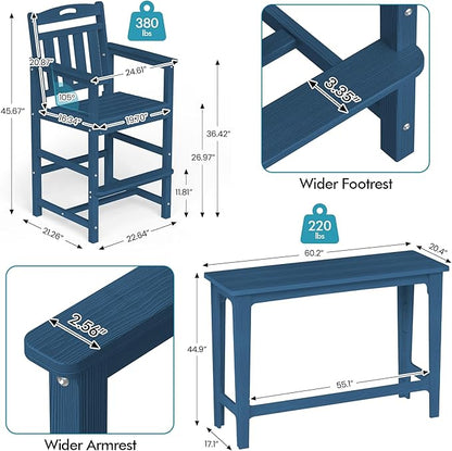 Ciokea Heavy-Duty Outdoor Bar Set, Rectangle High Top Table and 2 Oversized Adirondack Chairs Set, HDPE Modern Patio Bar Set for Outside Bistro Backyard Balcony Deck Outside, Navy Blue