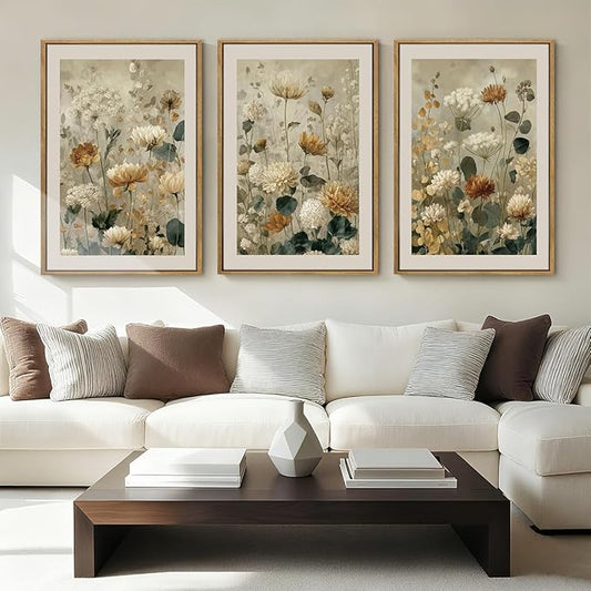 Anyzal Large Neutral Wildflower Farmhouse Framed Wall Art 16x24 Inch Vintage Floral Canvas Wall Decor Olive Botanical Art Prints for Living Room Bedroom Dining room