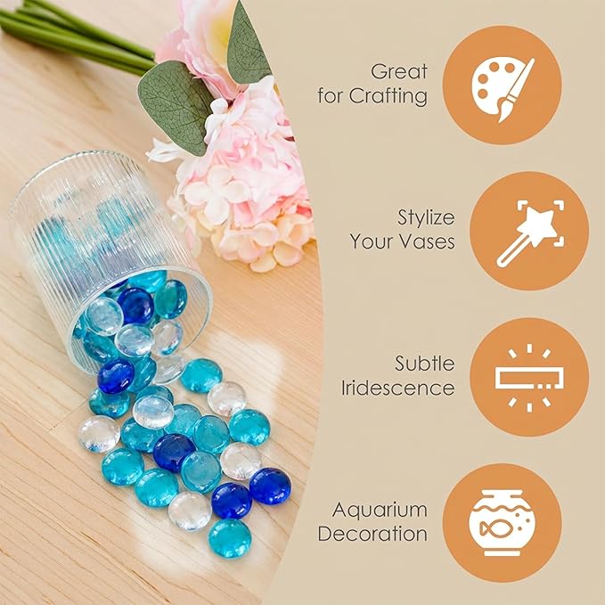 Houseables Glass Beads for Vases, Marbles for Vases, Glass Marbles, Blue & Clear Beads, Flat, Blue & Clear Gems, Filler, Crafts, Pebbles, Stones, Decorative Rocks, Plants, Flower, Fishbowl, 5LB, 500PC