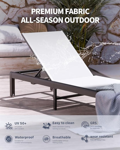 Aluminum Lounge Chairs Outdoor Chaise Furniture,2 Sets Patio Metal Deck Lounger Adjustable 5-Position Poolside Chase Recliner with Wheels for Beach,Coffee Table, (White, 1 Chair)