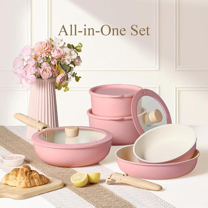 CAROTE 19pcs Pots and Pans Set Non Stick, Cookware Set Detachable Handle | Induction Compatible, Dishwasher & Oven Safe, Space Saving, Camping Cooking Set, Kitchen Set, Pink