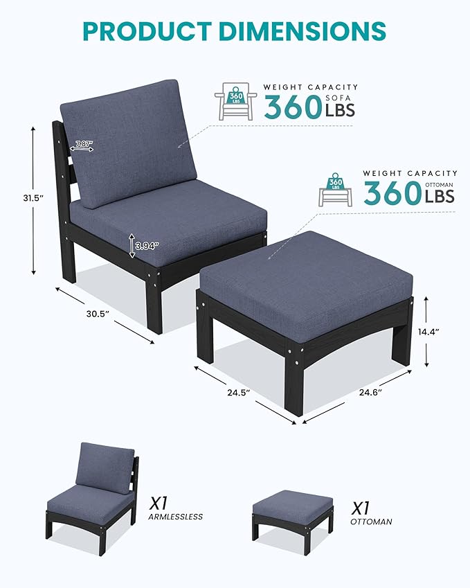 SERWALL 2 Pieces Patio Sofa, All-Weather HDPE Outdoor Conversation Set with Removable Cushions and Ottoman, Modular Design Converts to Chaise Lounge for Porch, Poolside, Black Frame with Grey Cushion