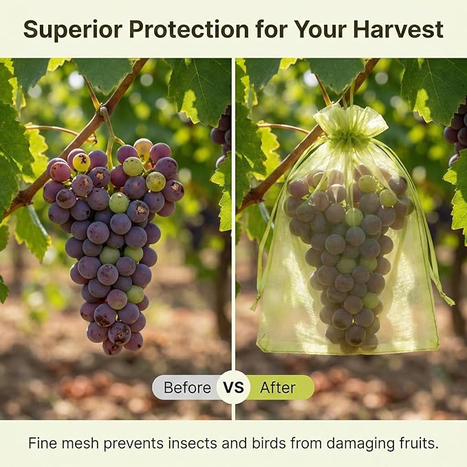 Sukh 50PCS Fruit Protection Bags - 8"x12" Fruit Cover for Fruit Tree Netting Fruit Nets to Protect Tomato Grape Mesh Fruit Organza Bags Green Net Produce Bag for Fruits & Vegetables Reusable