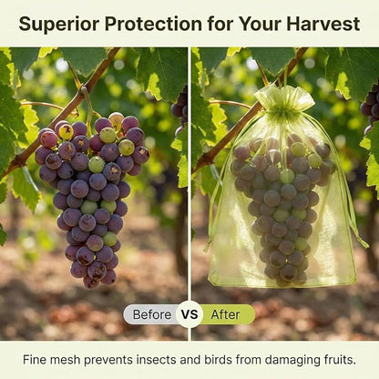 Sukh 50PCS Fruit Protection Bags - 8"x12" Fruit Cover for Fruit Tree Netting Fruit Nets to Protect Tomato Grape Mesh Fruit Organza Bags Green Net Produce Bag for Fruits & Vegetables Reusable