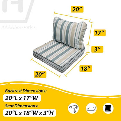 AAAAAcessories Outdoor Seat Cushions for Chairs, Fade-Resistant, Waterproof Patio Furniture Replacement Cushions, 20" x 18" x 3" + 20" x 17", Slate Gray Blue Coastal Stripe