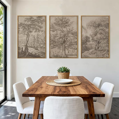 Anyzal Large Vintage Tree Sketchbook Wall Art 16x24 Inch Framed Neutral Forest Landscape Minimalist Woodsy Artwork for Living Room Bedroom Office Set of 3