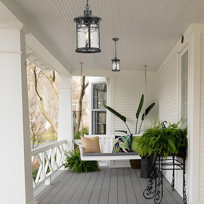 Darkaway Dusk to Dawn Outdoor Pendant Light, 14inch Hanging Porch Light Outdoor Chandelier Ceiling Mount Waterproof Pendant Lights with Water Ripple Glass for Patio Entrance Foyer Entryway