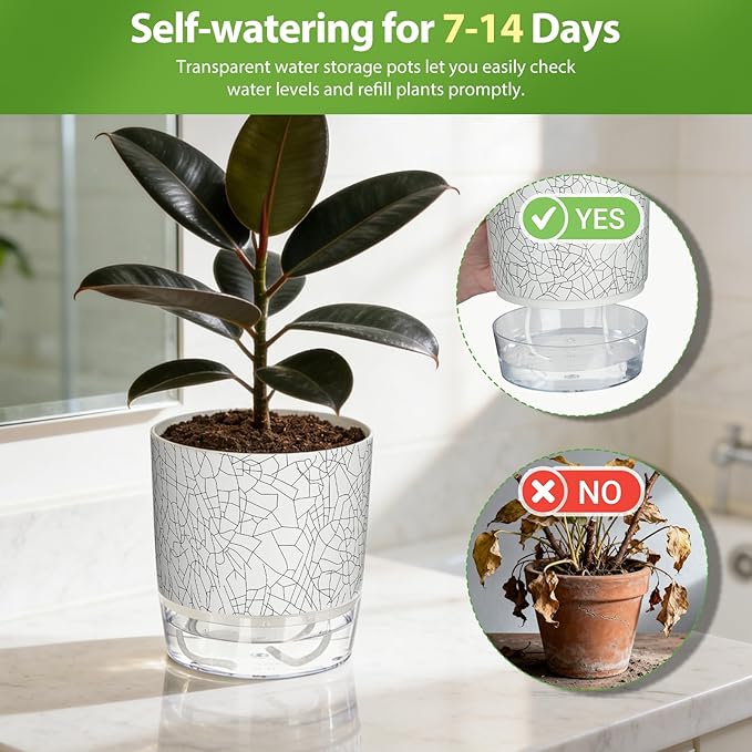 6 Pack Self Watering Pots for Indoor Plants, 4+5.5+6.3 Inch Self Watering Plant Pots Set, Flower Pots with Wick Rope and Reservoir for African Violet, Spider Plant, Orchid - Crack Texture