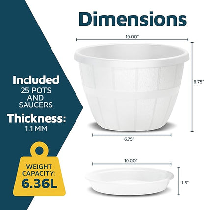 10-Inch Whiskey Barrel Planters Outdoor Pack of 25 - Durable Plastic Plant Pots for Indoor & Outdoor Use with Drainage & Saucer, Lightweight Rustic Barrel Planters for Flowers, Herbs & Small Plants