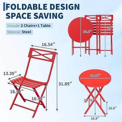 GarveeTech 3-Piece Folding Bistro Set, Heavy Duty Outdoor Patio Furniture with 2 Chairs & 1 Table, Weather-Resistant Steel Frame, No Assembly Required for Garden, Yard, Balcony,Red