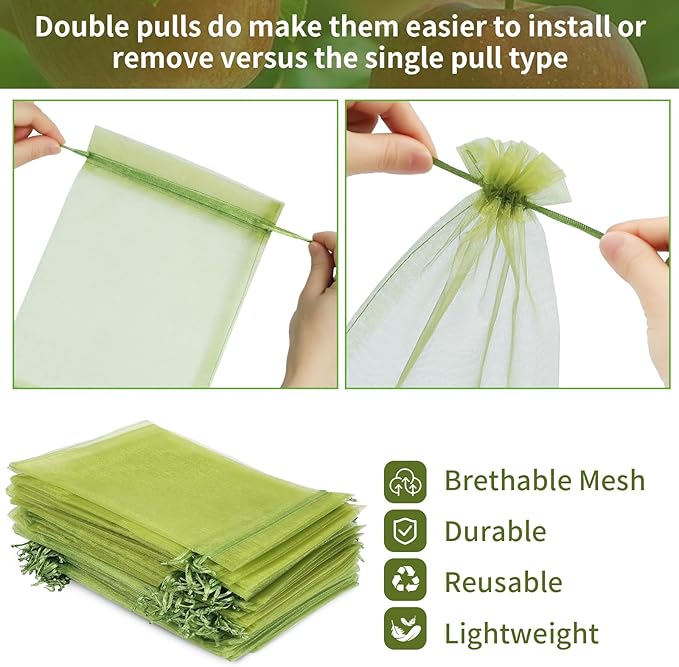 GliSun 100Pcs Fruit Protection Bags 6x9 Inch, Green Mesh Netting Cover with Drawstring Pest Barrier for Grapes Tomato Strawberry Blueberry - Garden Supplies for Vegetables & Fruit Trees
