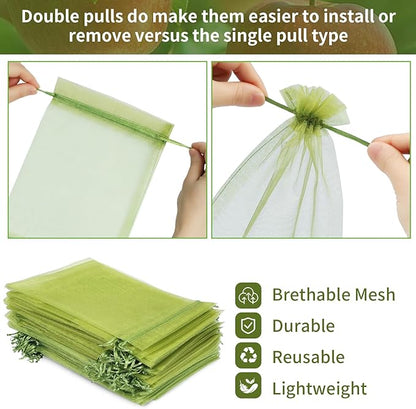 GliSun 100Pcs Fruit Protection Bags 6x9 Inch, Green Mesh Netting Cover with Drawstring Pest Barrier for Grapes Tomato Strawberry Blueberry - Garden Supplies for Vegetables & Fruit Trees