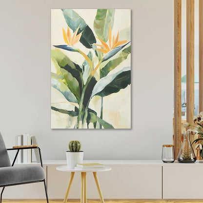 JolyWell Hand-paintd Botanical Canvas Wall Art Sage Green Leaf Tropical Plant Art Prints Boho Decor Bird of Paradise Flowers Leaf Wall Painting for Living Room Bedroom 24 x 36 IN