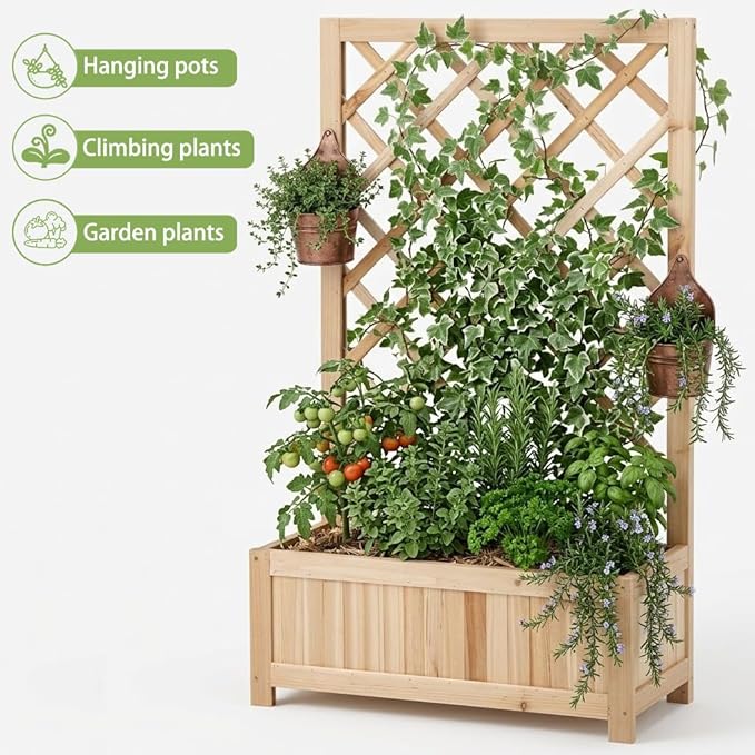 Wooden Raised Garden Bed with Trellis, 40" Outdoor Planter Box for Climbing Plants, Vertical Natural Wood Garden Planter for Vegetables, Flowers & Vines, Lattice Plant Support for Patio Yard Balcony