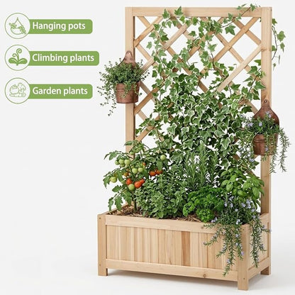 Wooden Raised Garden Bed with Trellis, 40" Outdoor Planter Box for Climbing Plants, Vertical Natural Wood Garden Planter for Vegetables, Flowers & Vines, Lattice Plant Support for Patio Yard Balcony