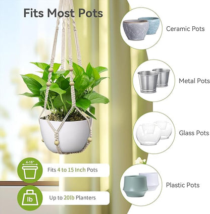 USLAI Macrame Plant Hanger Indoor Outdoor, Fits 4 to 15 Inch Pots, Strong Hanging Planter Holder, Boho Home Decor, 35 Inch, Ivory (POTS NOT Included)