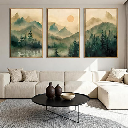 IARTTOP Large Mountain Framed Canvas Wall Art 16x24 Inch Green Foggy Forest Landscape Art Prints Set of 3 Nature woodland Landscape Wall Decor for Living Room Bedroom Office