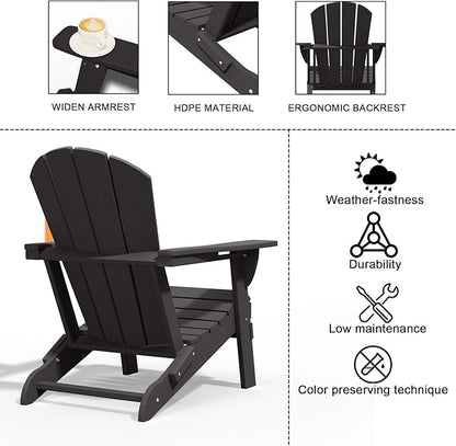 Folding Adirondack Chairs with Cup Holders, Set of 4 HDPE Plastic Outdoor Chairs, Weather Resistant, Real Wood Look, Heavy-Duty Patio Furniture for Deck, Fire Pit, Backyard, Black