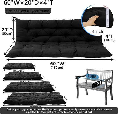 Outdoor Swing Cushions 3 Seater Waterproof, Replacement Bench Cushions for Outdoor Patio Furniture with Backrest, Porch Swing Cushion with Ties for Lawn and Garden (Black, 40x60in)