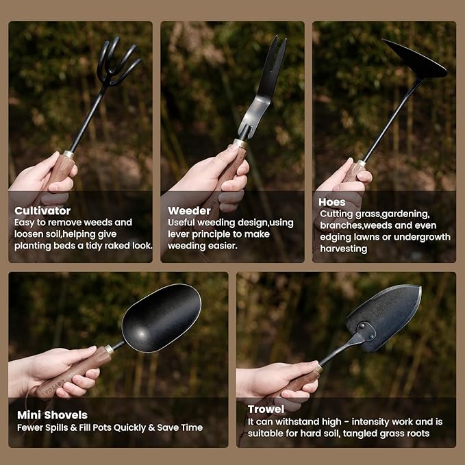 Garden Tool Set, 5PCS Gardening Tools, Stainless Steel Heavy Duty Hand Cultivator, Hoes, Shovel, Trowel and Weeder with Ergonomic Walnut Handle, Gardening Gifts for Women