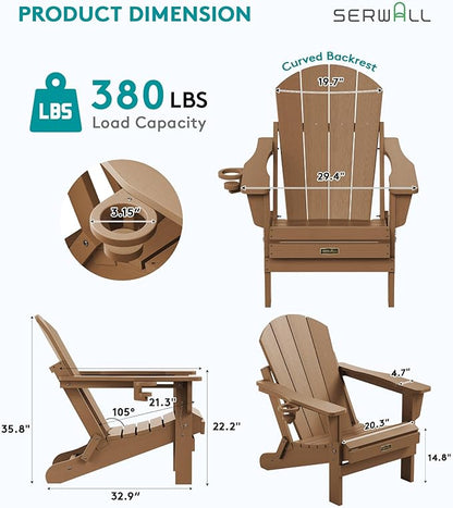 SERWALL Folding Adirondack Chair Set of 4 Outdoor Chairs with Cup Holder Painted Adirondack Chair Weather Resistant for Patio Deck Garden, Backyard Deck, Fire Pit- Brown