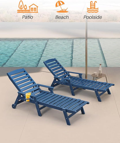 HDPE Outdoor Chaise Lounge Set of 2, 5-Position Adjustable Outdoor Lounger with Wheels & Cup Holder, 78.4'' Poly Lounge Chairs Furniture, HDPE Patio Lounge Chairs for Deck, Pool, Beach, Navy
