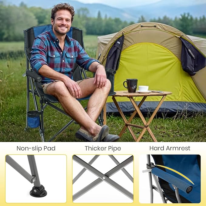 XGEAR Camping Chair with Padded Hard Armrest, Sturdy Folding Camp Chair with Cup Holder, Storage Pockets Carry Bag Included, Support to 400 lbs