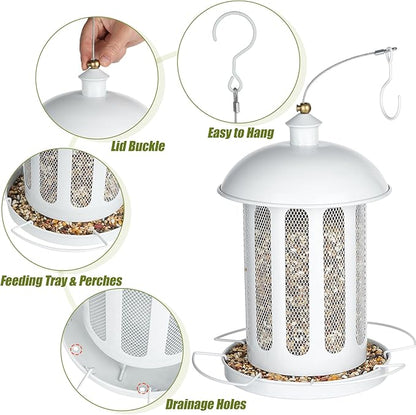 Bird Feeder, Large Capacity Bird Feeders for Outdoor Hanging, Heavy Duty Metal Wild Birdfeeder for Outside Garden Yard Decor, Retro Lantern Shape (White)