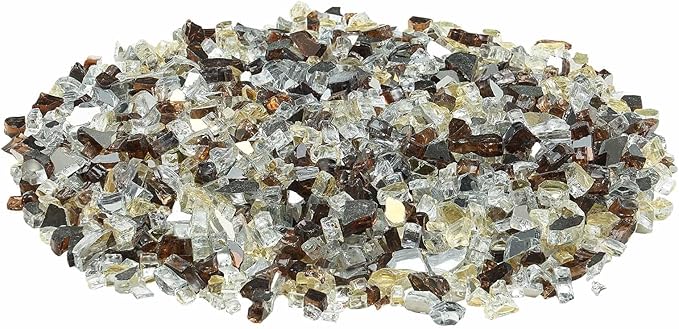 VEVOR Fire Glass, 10 LBS / 4.5 KG High-Temperature Resistant Fireplace Rocks, 1/2-Inch / 12.7 mm Reflective Firepit Glass Rock, High Luster Stone Landscaping for Fire Pit Table, Copper + Clear + Gold