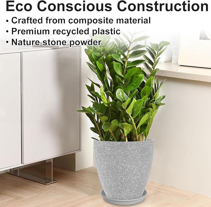 GameXcel Flower Pot Indoor - Outdoor Plant Pot - Gray Rough Planter - Elegant Stone Imitation - 12" Diameter 12" Tall with Drainage Holes and Saucer 2 Pack