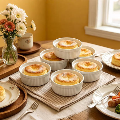Cinf White 10 oz Set of 6 Souffle Dishes Ramekins Oven Microwave Safe Bowls Creme Brulee Sauce Cups for Baking Cooking Porcelain Individual Serving Size for Desserts