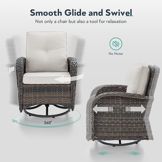 Outdoor Swivel Glider Rocker Chairs Set- 5 Piece Patio Furniture Set, Patio Bistro Sets with Tempered Glass Side Table and 2 Ottoman, for Balcony, Porch - Brown Wicker, Beige Cushion