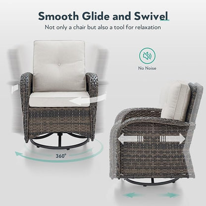 Outdoor Swivel Glider Rocker Chairs Set- 5 Piece Patio Furniture Set, Patio Bistro Sets with Tempered Glass Side Table and 2 Ottoman, for Balcony, Porch - Brown Wicker, Beige Cushion