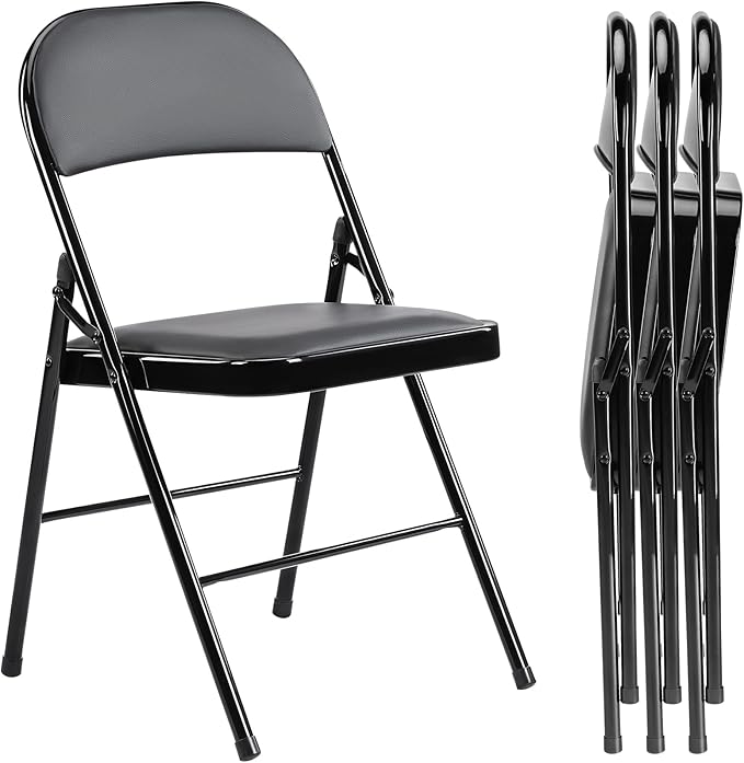 DUMOS 4 Pack PU Leather Padded Folding Chair, for Indoor and Outdoor Events, Portable Stackable Seat with Steel Frame, for Home, Office, Party, Dining, Black