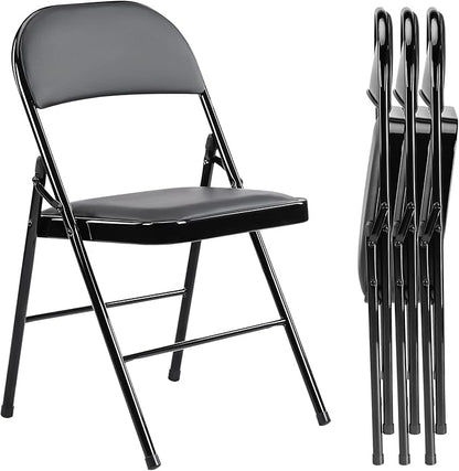 DUMOS 4 Pack PU Leather Padded Folding Chair, for Indoor and Outdoor Events, Portable Stackable Seat with Steel Frame, for Home, Office, Party, Dining, Black