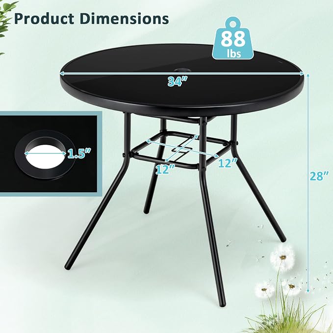 Tangkula 34 Inch Patio Dining Table, Round Tempered Glass Table with 1.5” Umbrella Hole, Heavy-Duty Metal Frame, Outdoor Metal Dining Table for Garden, Balcony, Porch