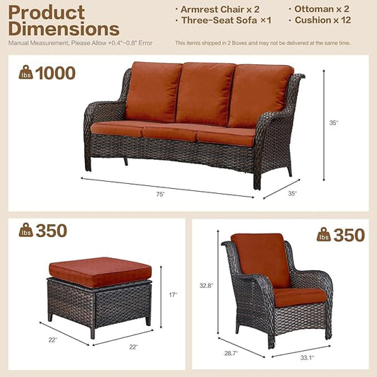 5 Pieces Outdoor Patio Furniture Conversation Set PE Rattan Wicker with a 3-Seater Sofa, 2 Armchairs, 2 Outdoor Ottomans for Yard Backyard (Brown/Orange)