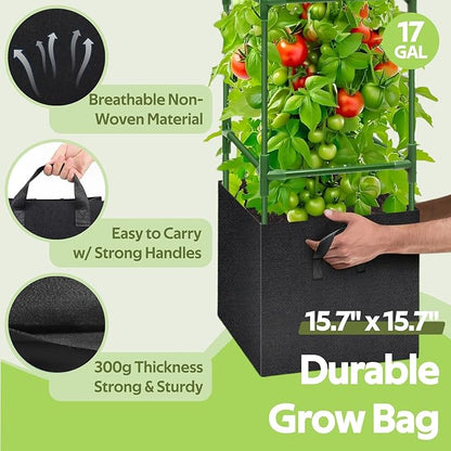 3 Pack Tomato Cages with 17 Gallon Grow Bags - 48 Inch Square Plant Support Trellis Tomato Planter Pots Kit - Garden Stakes for Vertical Climbing Plants Vegetable Flower Fruit Outdoor Indoor