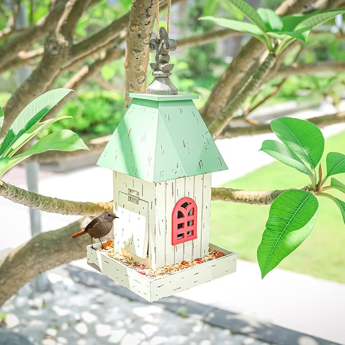 Yinns Village Wooden Cottage Bird House Feeder, Hanging Birdfeeder with Landing Trays,Wood Wild Bird House Feeder Garden Decor