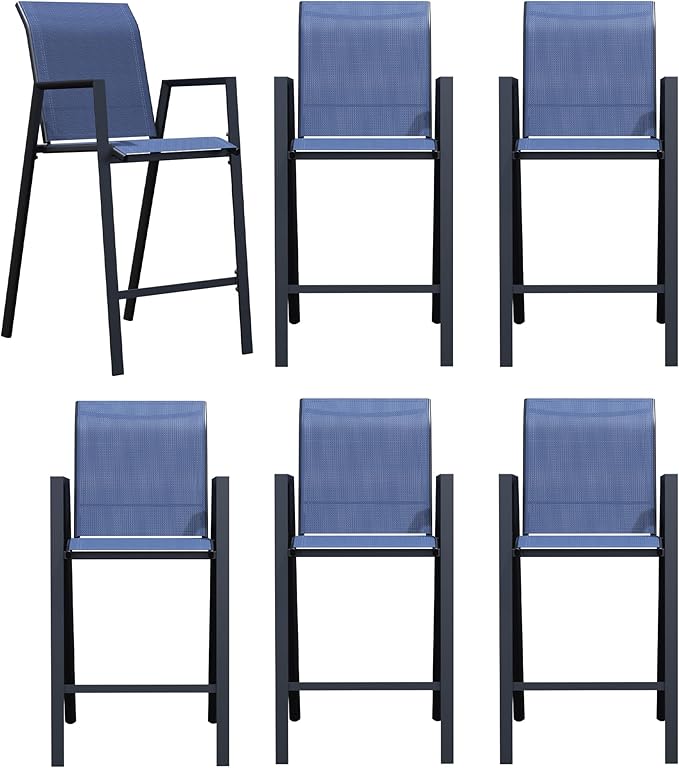 Outdoor Bar Stools Set of 6, 44'' Patio Bar Chairs with Textile High Back, Bar Height Chairs with Straight Armrest and Footrest, Blue