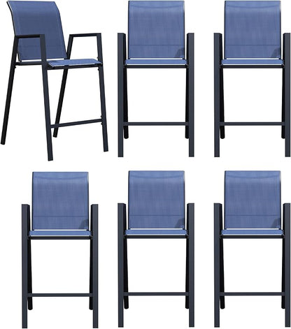 Outdoor Bar Stools Set of 6, 44'' Patio Bar Chairs with Textile High Back, Bar Height Chairs with Straight Armrest and Footrest, Blue