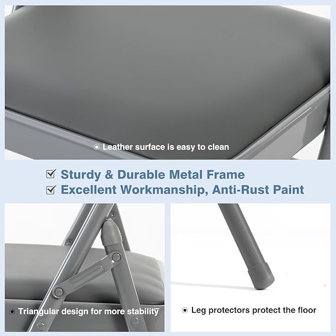 DUMOS 4 Pack Folding Chairs with Padded Cushion and Back - PU Leather Stackable Portable Dining Chairs Set, for Home and Office, Conference, Wedding, Party, Patio, Garden, for Indoor Outdoor, Grey